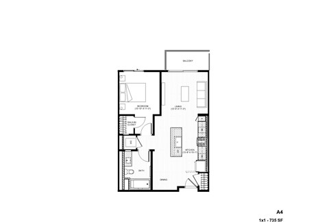 Floor plan for 1 bed, 1 bath, 732 sqft